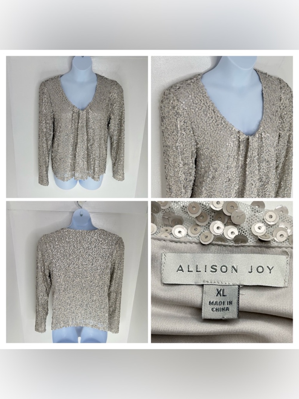 Allison Joy Light Gray Nina Matte Sequin‎ V Neck Long Sleeve Blouse Top Size XL